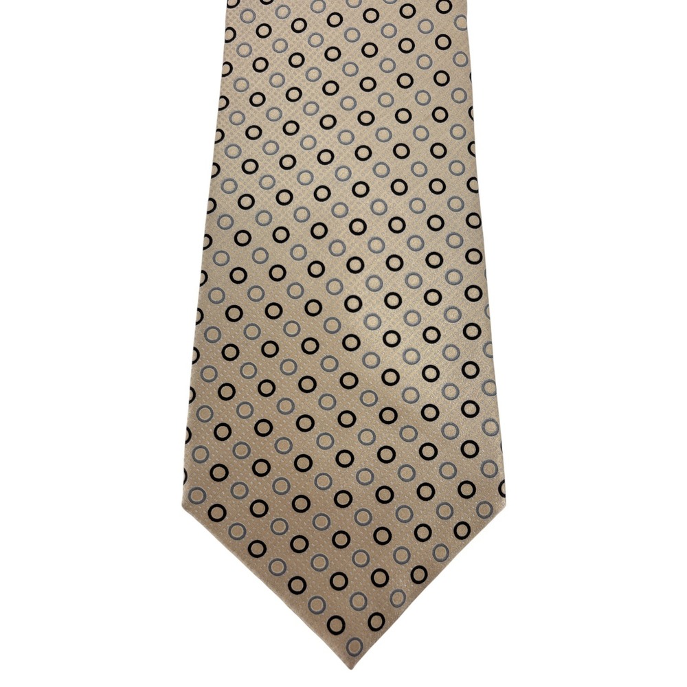 Palatina Mens Silk Geometric Circle Print Tie Tan Gold Made in USA 58"x4"